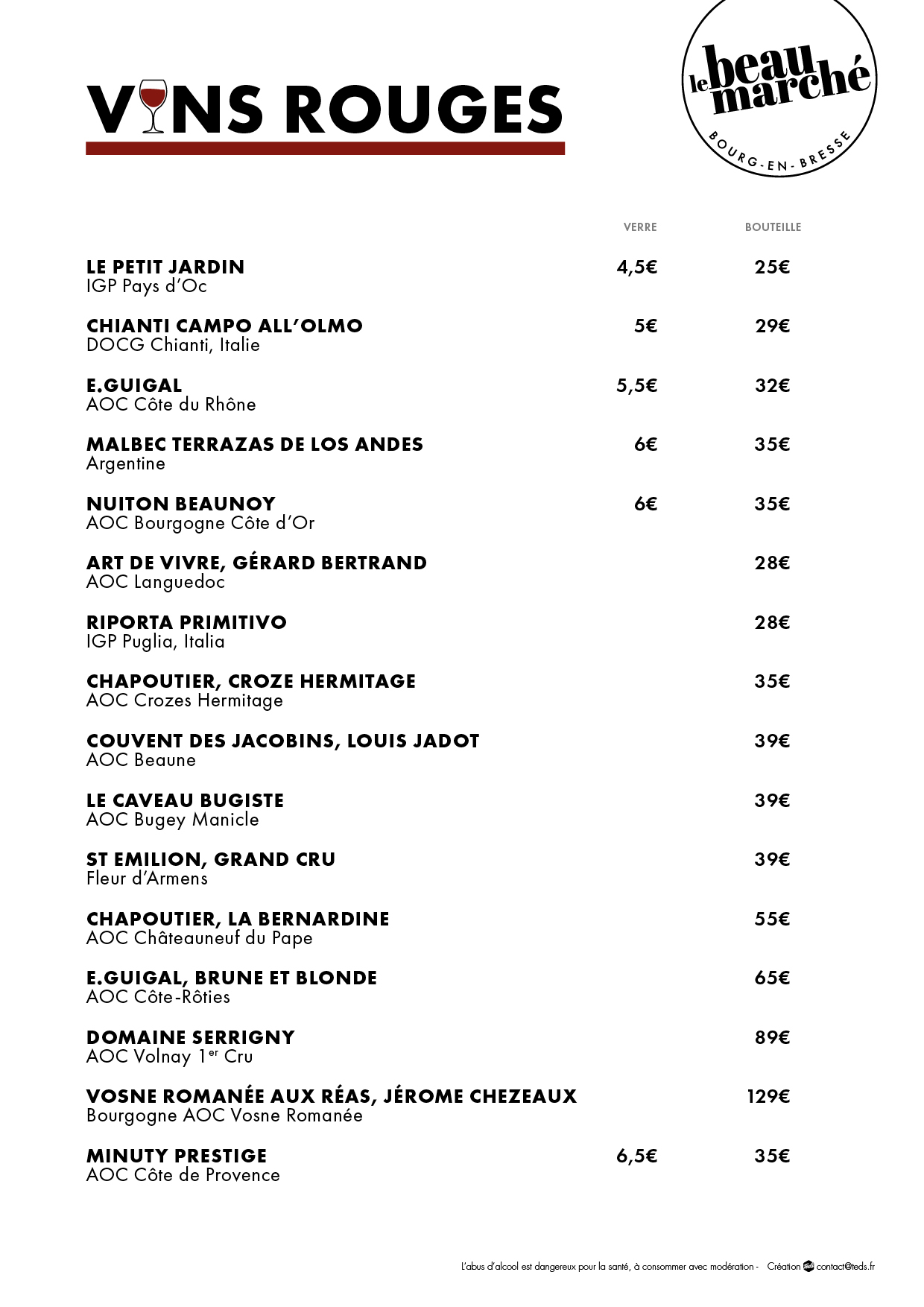 Menu vins rouges