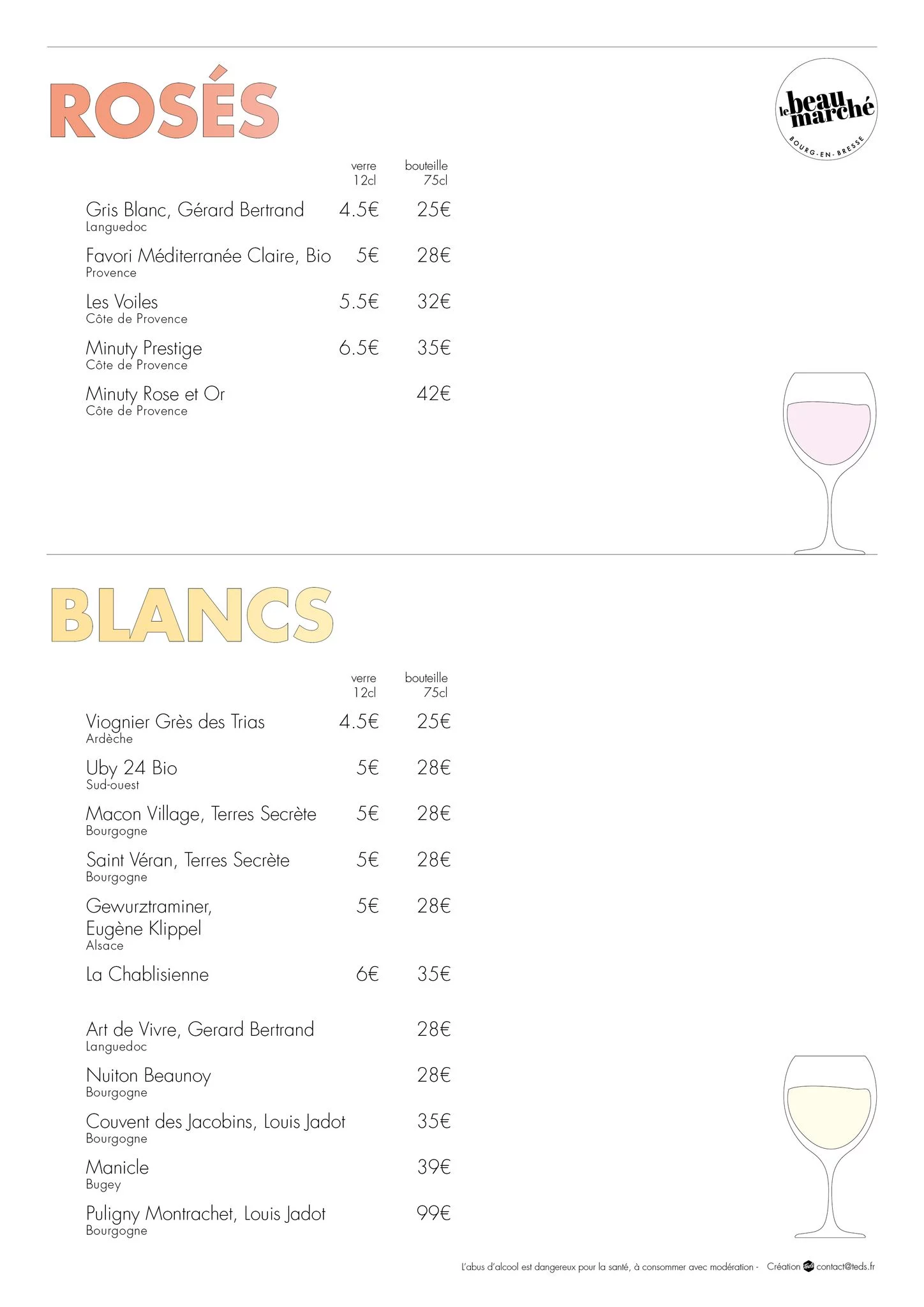 Menu vins rosés et blancs