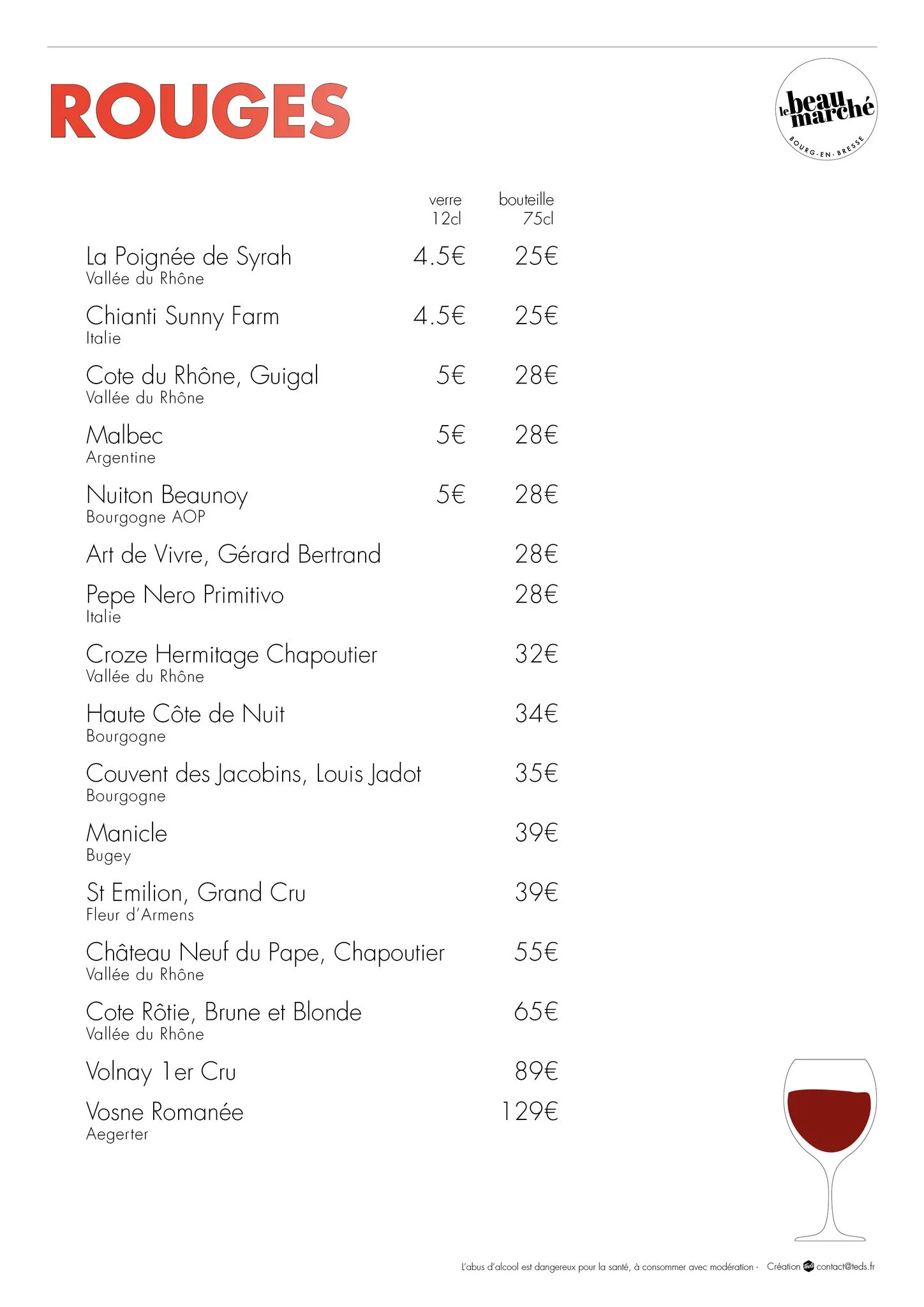 Menu vins rouges