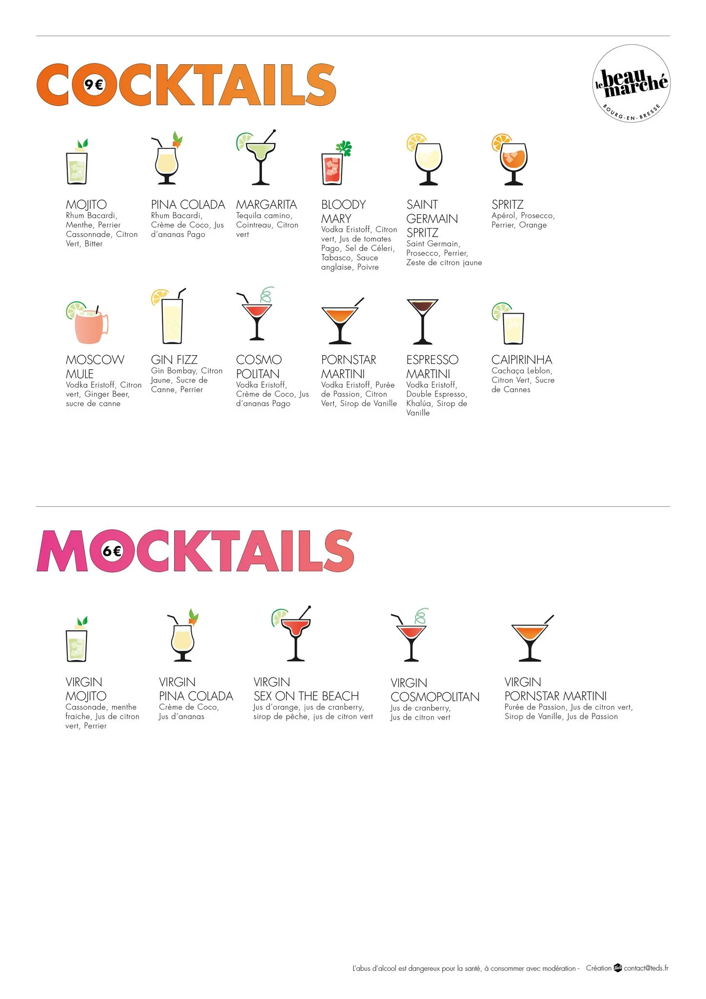 Menu cocktails/mocktails
