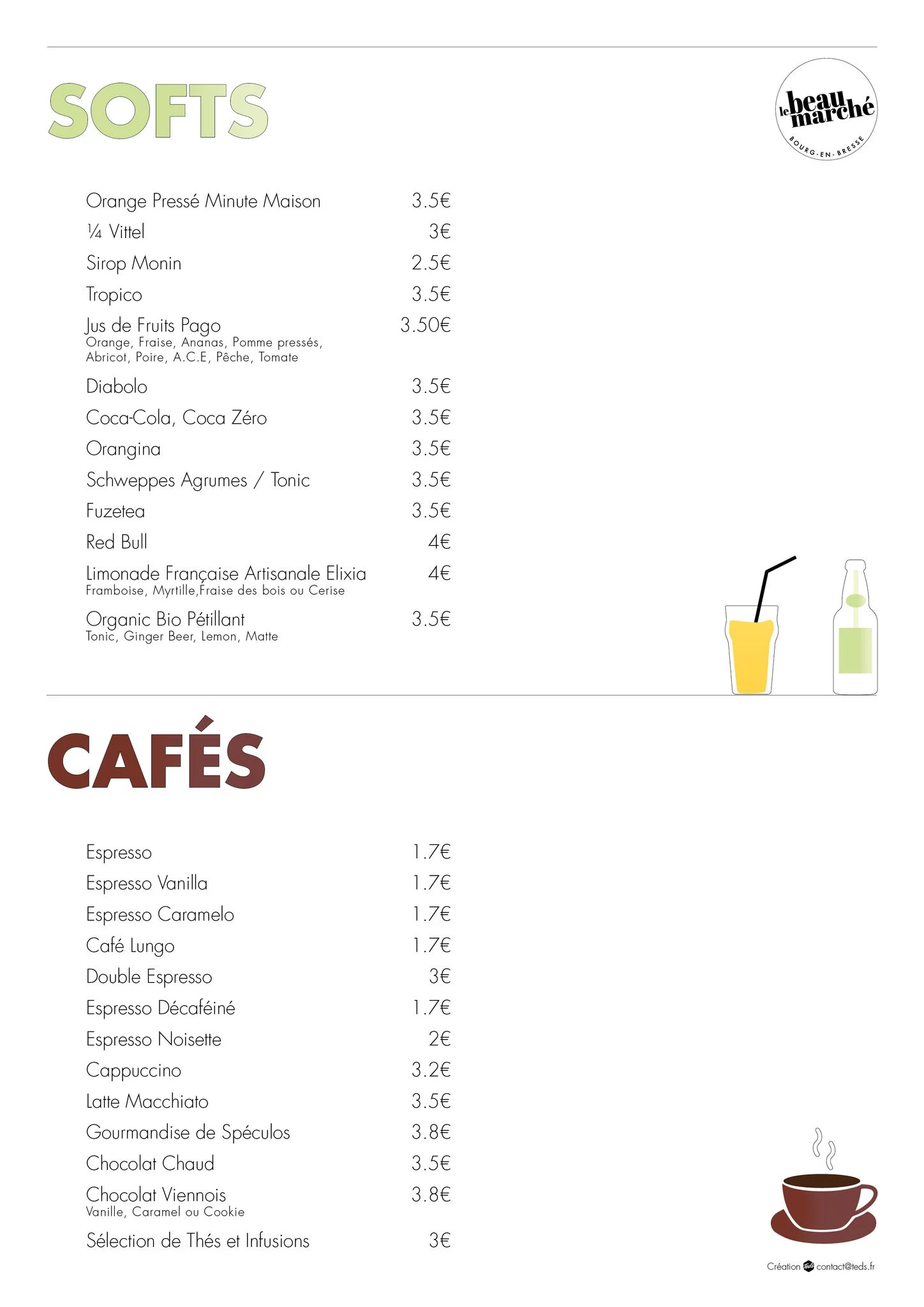 Menu softs et cafés